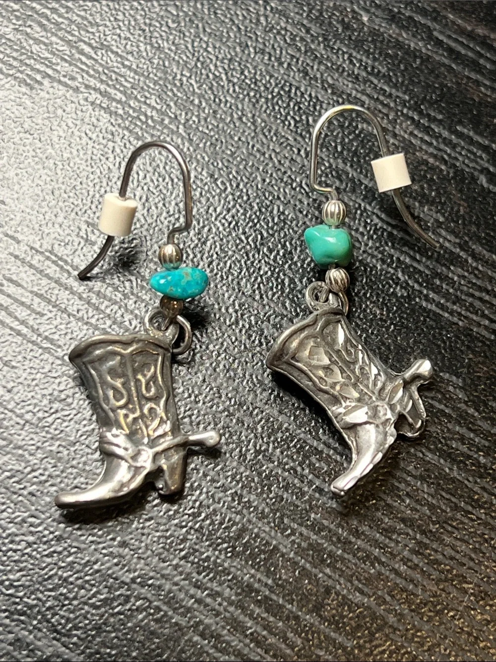 Vintage Southwestern Silver Turquoise Chip Cowboy Cowgirl Boot Dangle Earrings